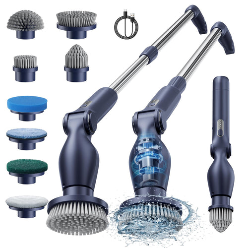 Cordless electric spin scrubber with extendable handle and 8 brush heads