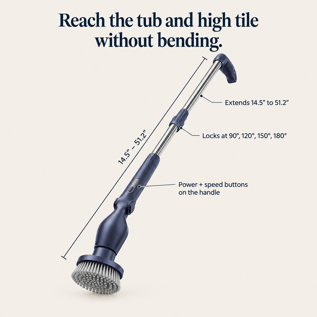 Spin scrubber handle extends from 14.5 to 51.2 inches and locks at four angles