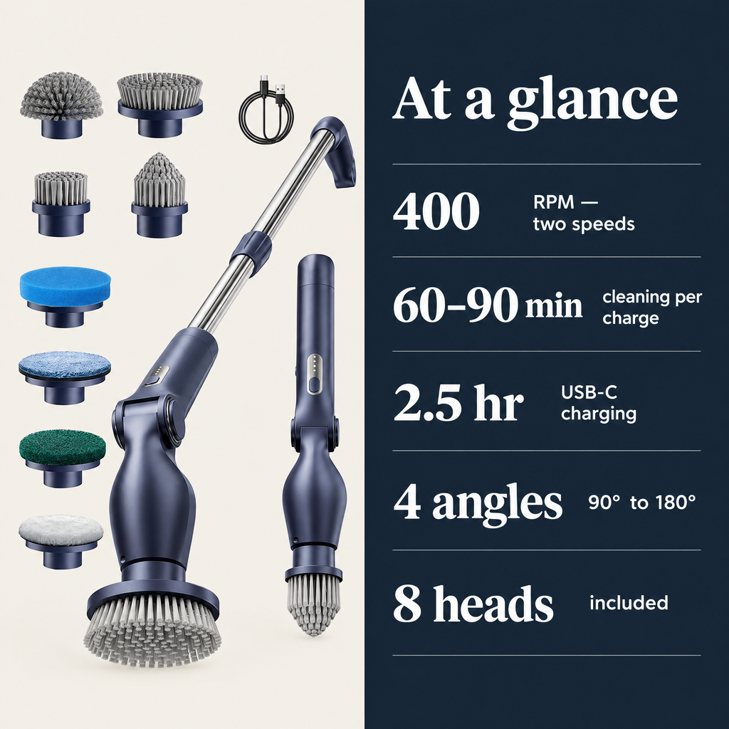 Spin scrubber specs: up to 400 RPM, 60-90 minutes per charge, USB-C charging, 4 angles, 8 heads